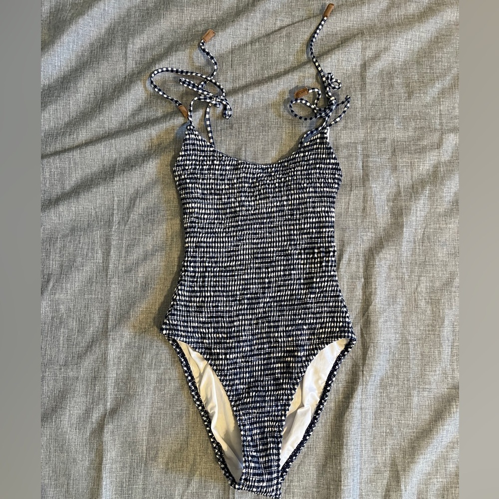 Sperry Gingham Smocked Tie Strap One Piece Swim Suit Blue White Small